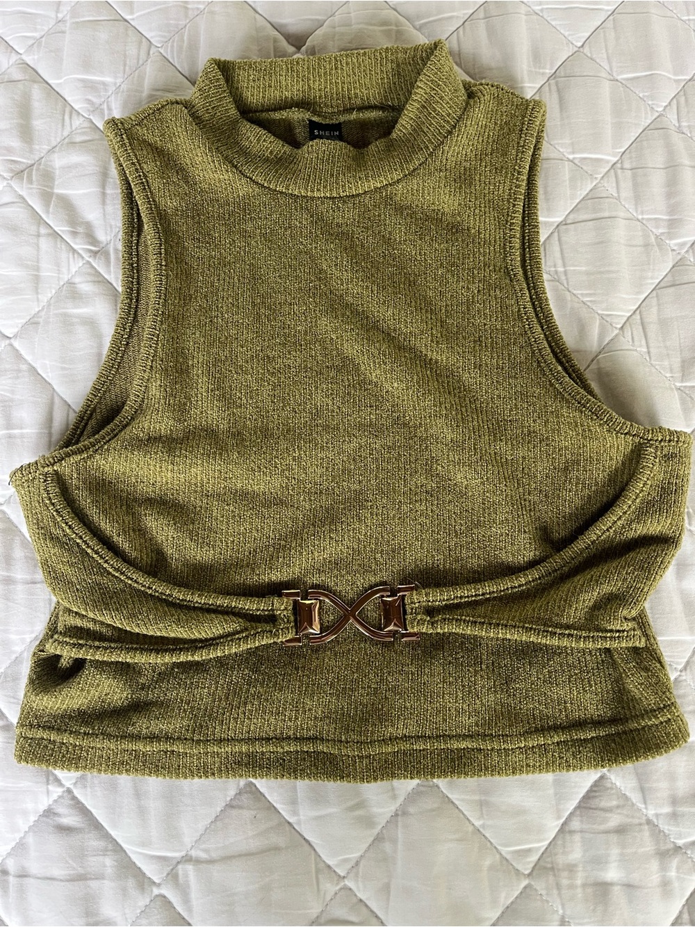 Green Sleeveless Cropped Mock Neck Knit Tank with Gold Buckle